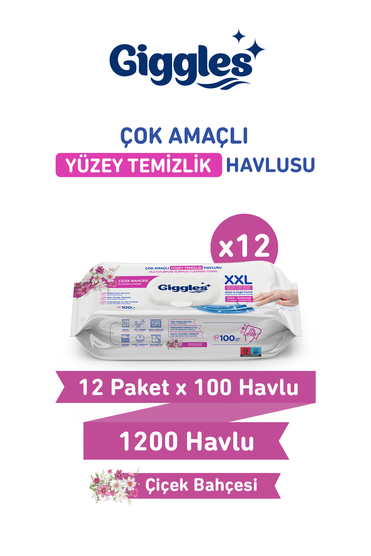 Giggles XXL İz Bırakmayan Yüzey Temizlik Havlusu - (Çiçek Bahçesi) 1200 Yaprak